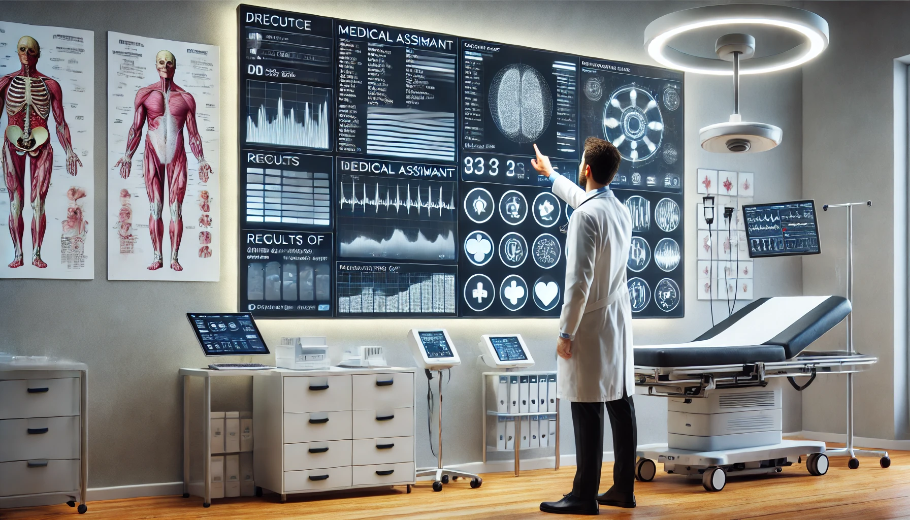 Médico utilizando un asistente virtual para procesar los resultados de exámenes médicos e integrarlos en un historial clínico.