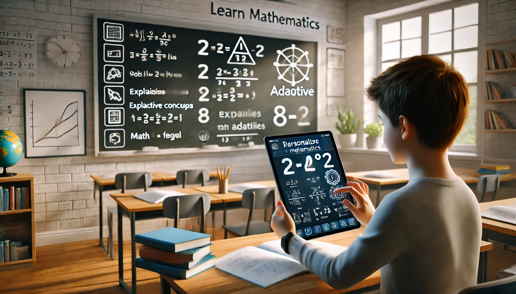 Estudiante usando una app educativa para aprender matemáticas en un entorno moderno y adaptado!