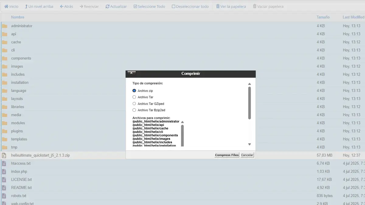 Seleccionar tipo de compresión