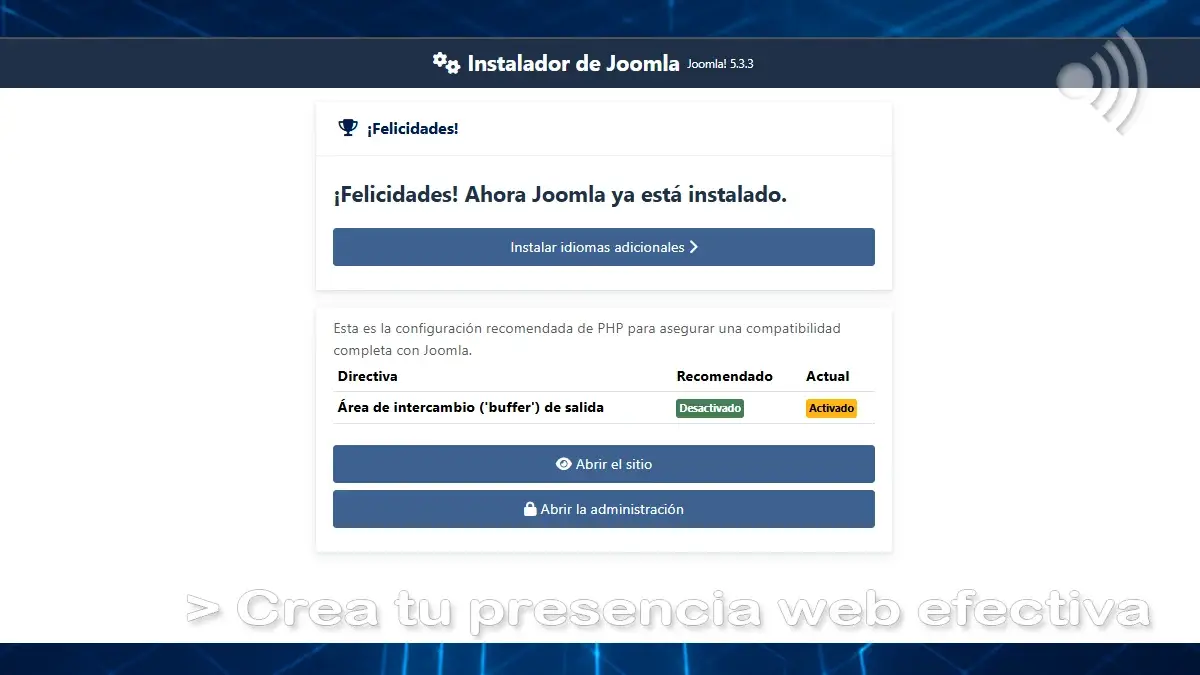 Confirmación de intalción de Joomla!