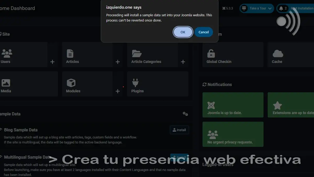 Confirmar instalación de ejemplo Joomla!